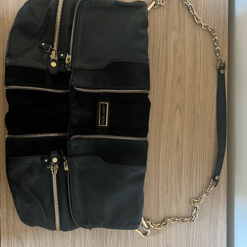 Jimmy Choo Black and Gold Suede Trim Leather Bag